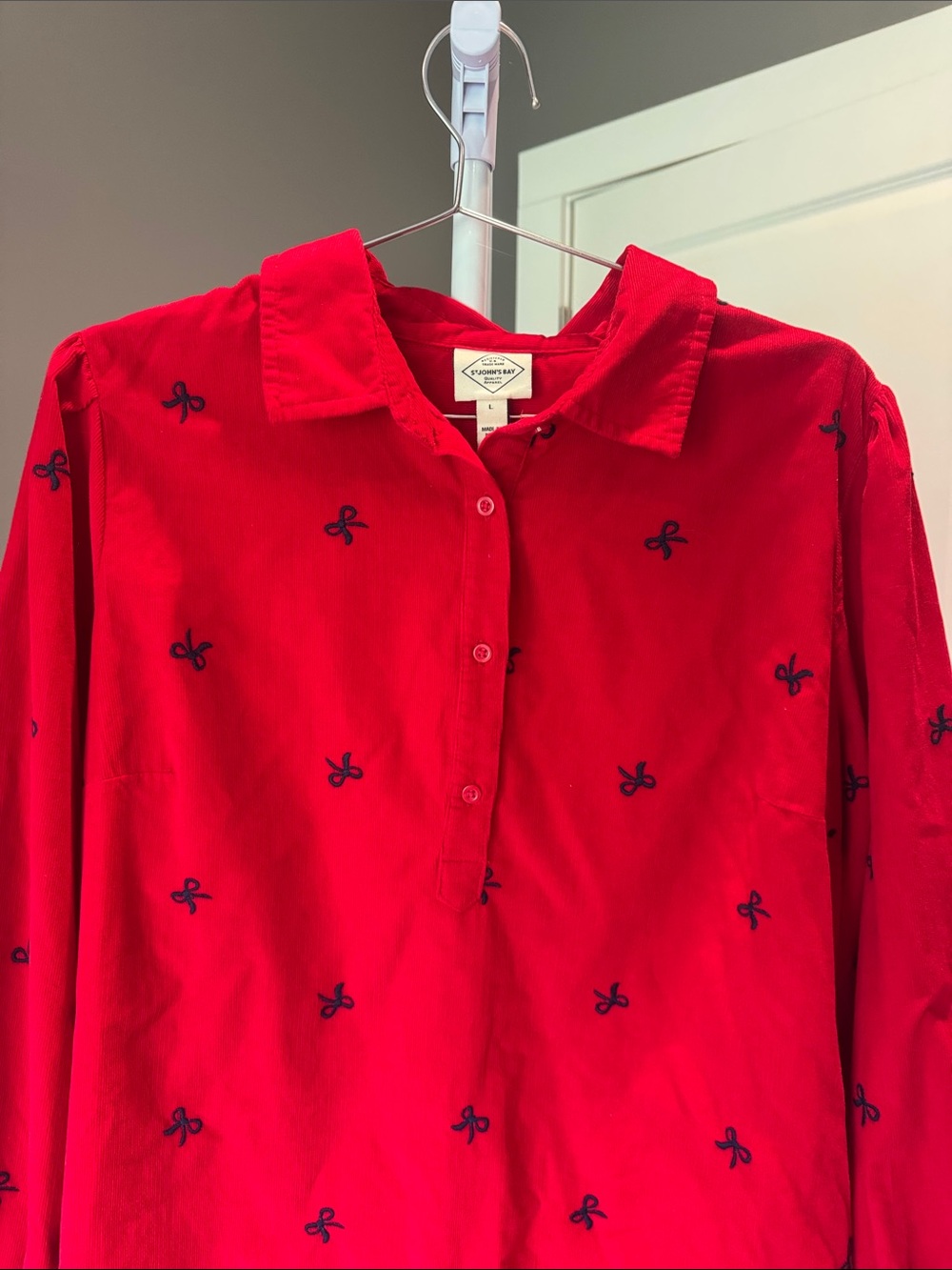 NWOT St John’s Bay Red Corduroy Dress with Navy Bow Embroidery